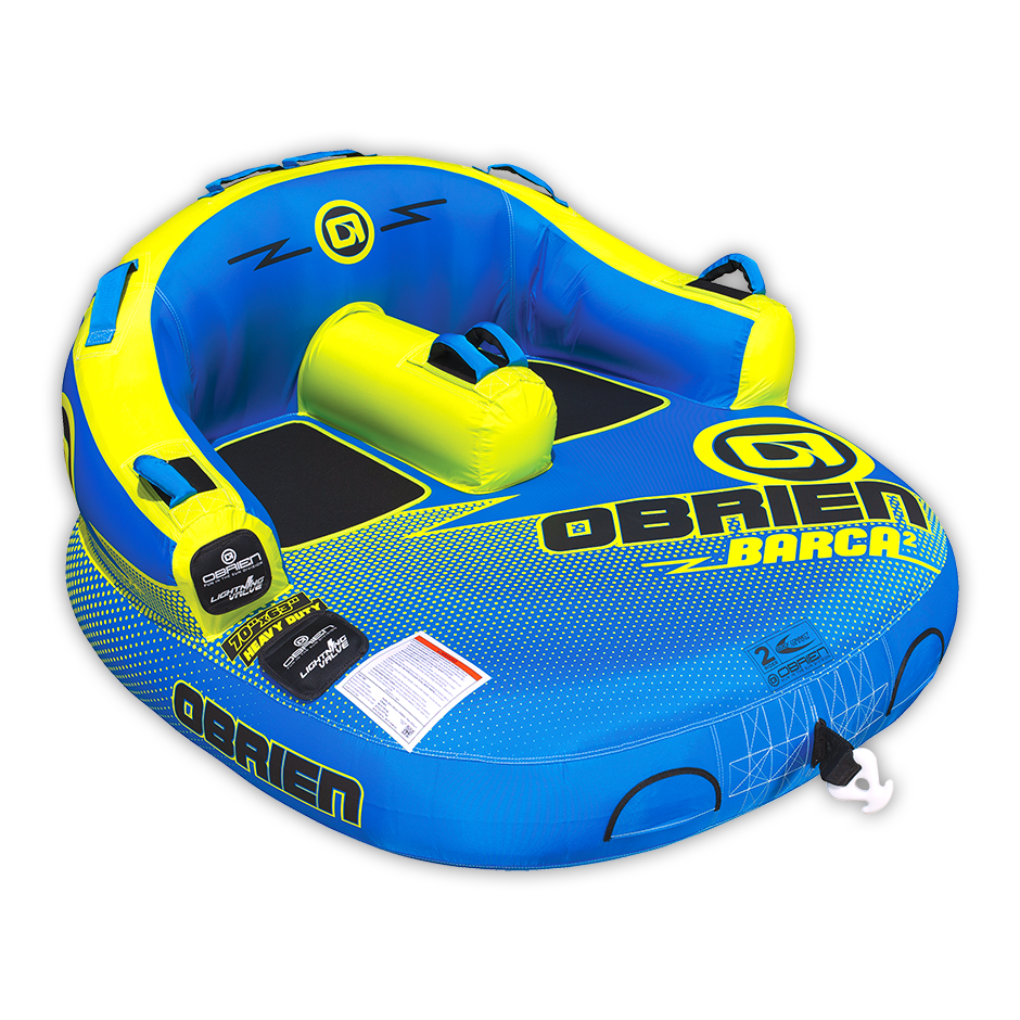 Angled view of the blue and yellow O'Brien Barca 2, a two-rider towable tube with backrests and padded seats.
