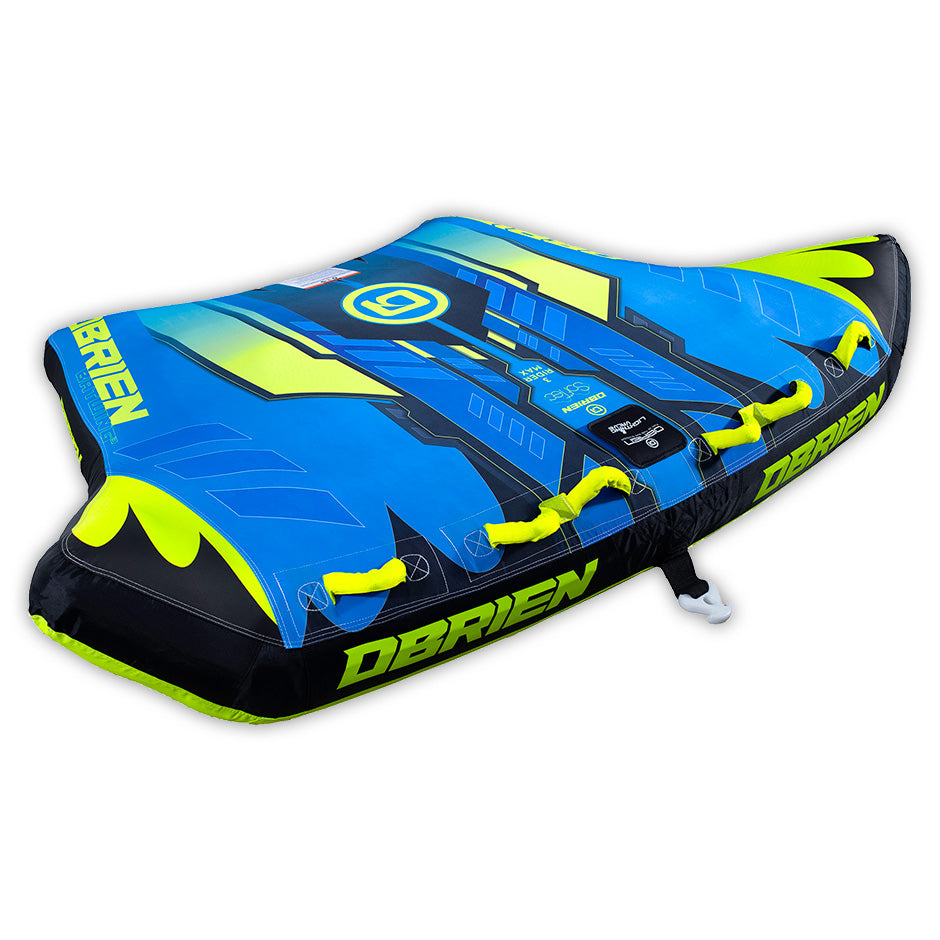 Angled view of the O'Brien Bat Wing 3 Boat Tube, a blue and black inflatable towable with yellow handles and bold graphics.