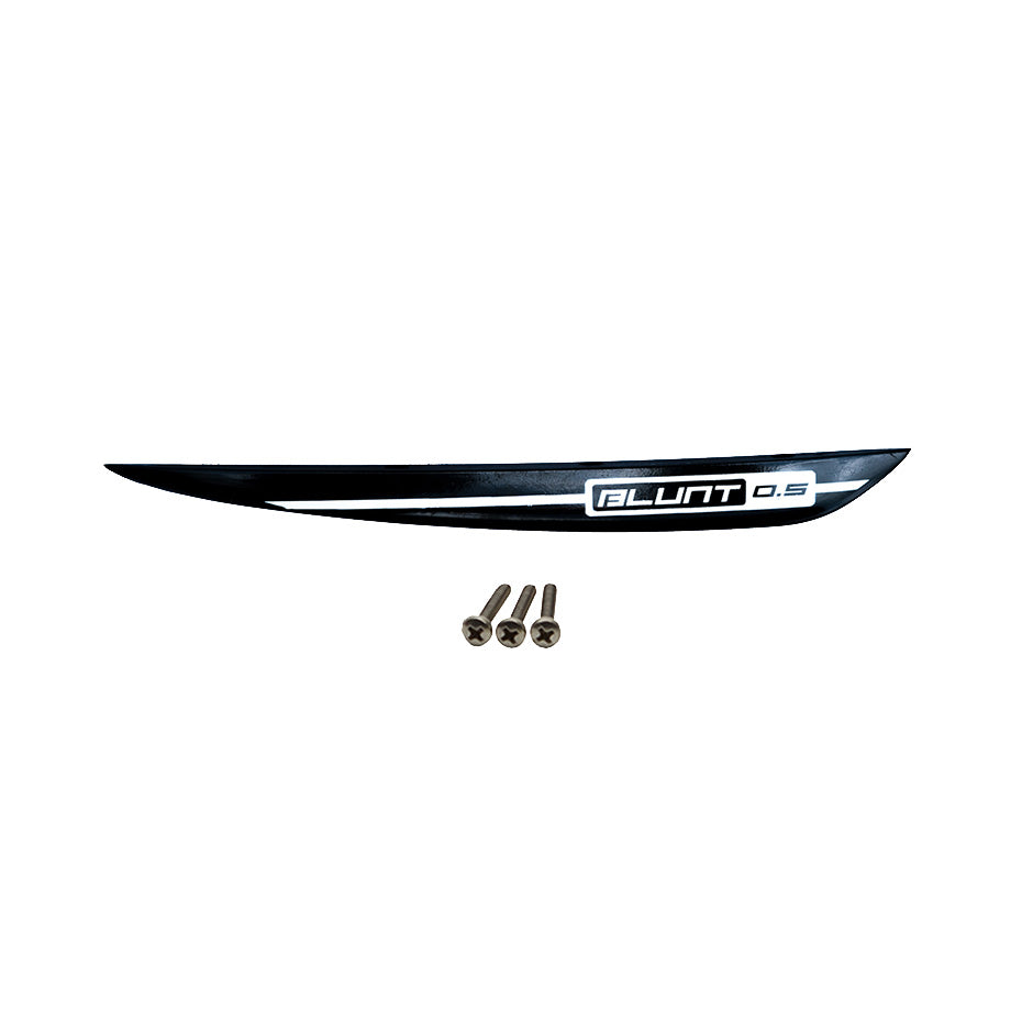 Black O'Brien Blunt 0.5 wakeboard fin with white accents, shown with three mounting screws.