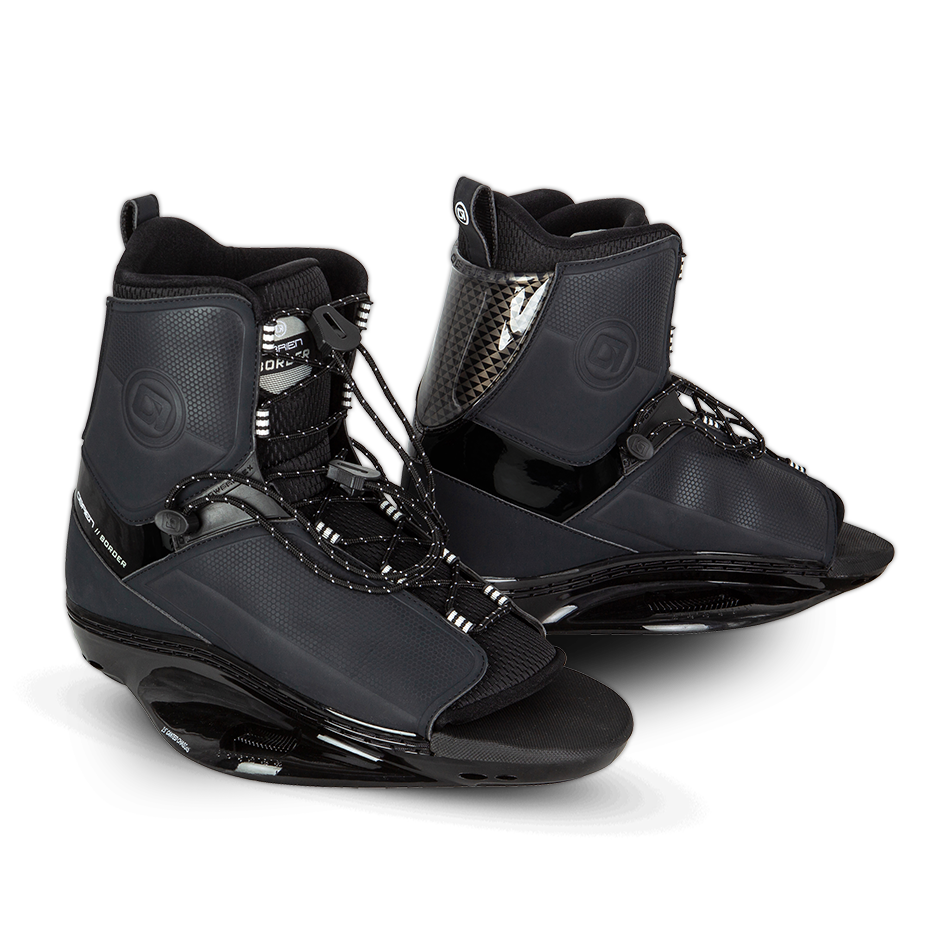 O'Brien Border Wakeboard Bindings in black with a lace-up closure, high ankle support, and a glossy reinforced base.