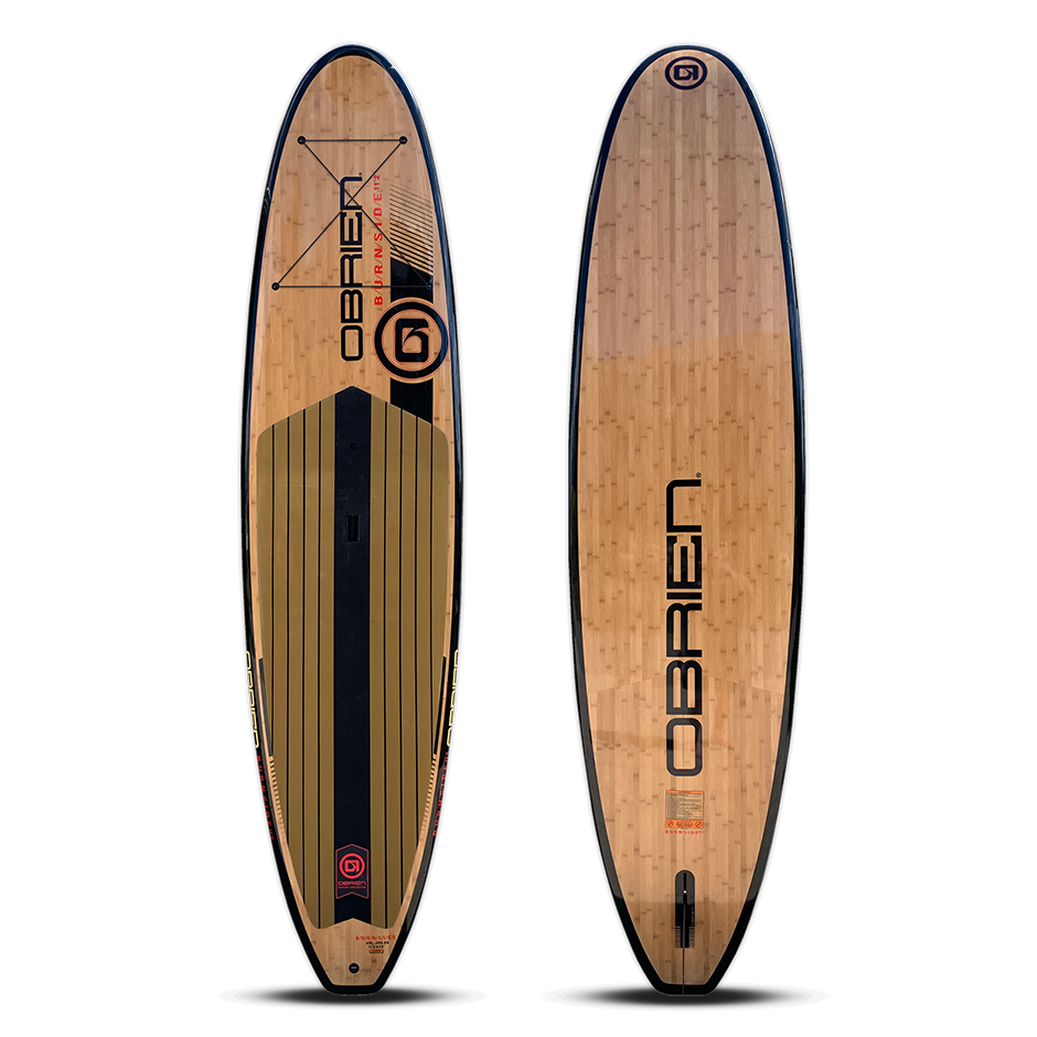 Eco-friendly 2022 OBrien Burnside SUP, black and red accents, front and back shown.