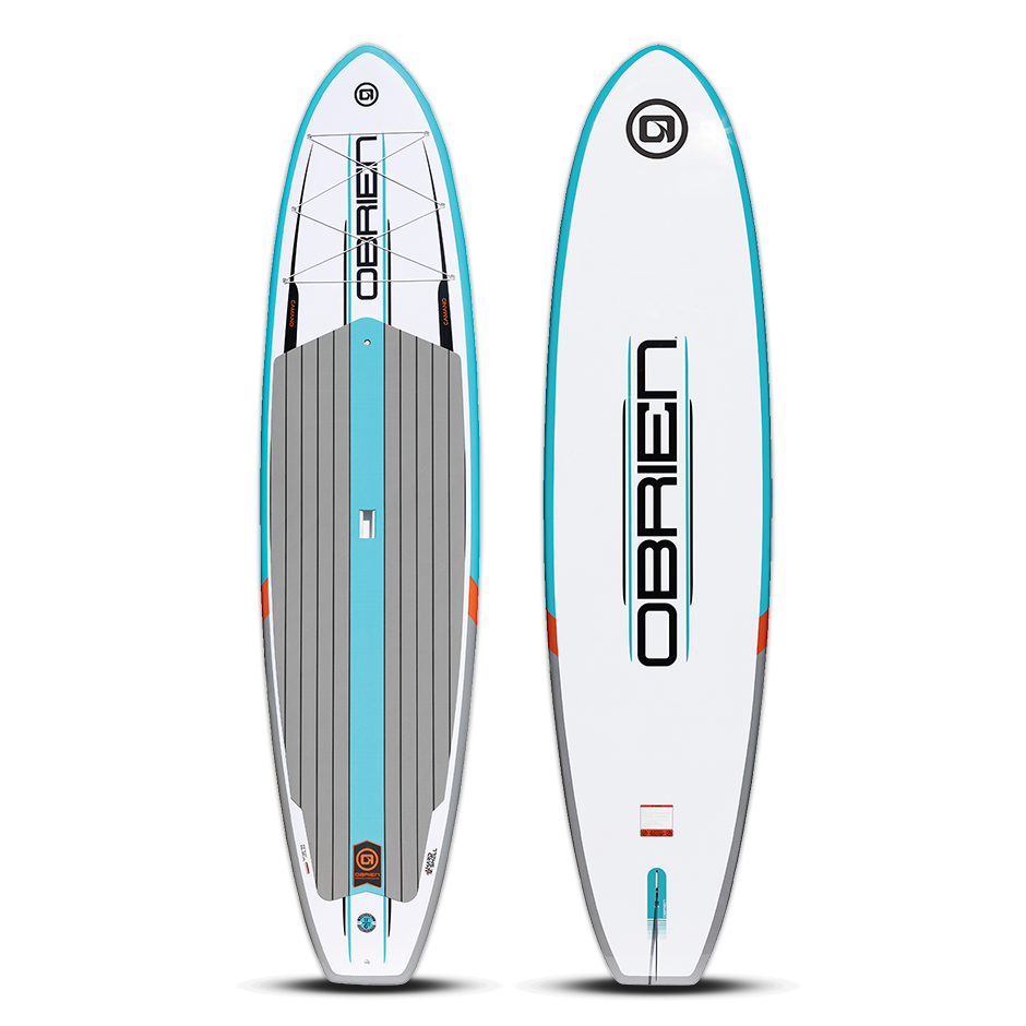 Top and bottom view of the O'Brien Camano Stand Up Paddleboard, featuring a white and blue design with orange accents.