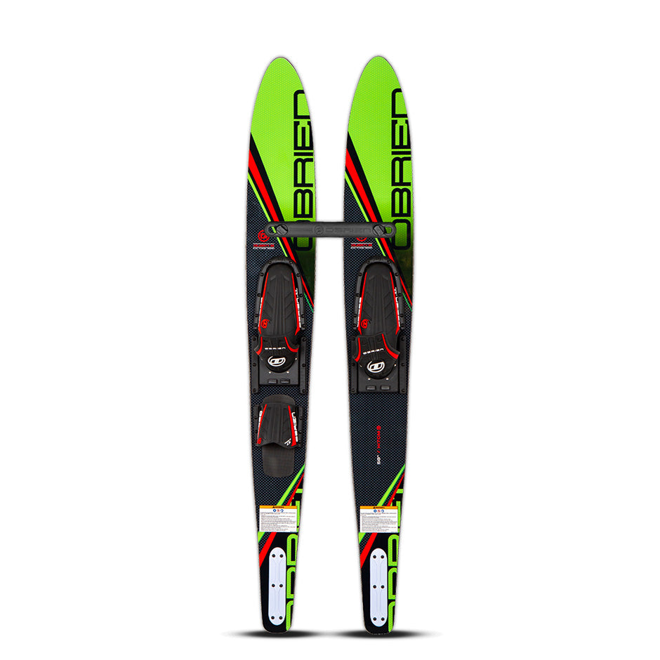 Top and base view of the O'Brien Celebrity 58" Combo Waterskis in green with black and red, a stabilizer bar and bindings.