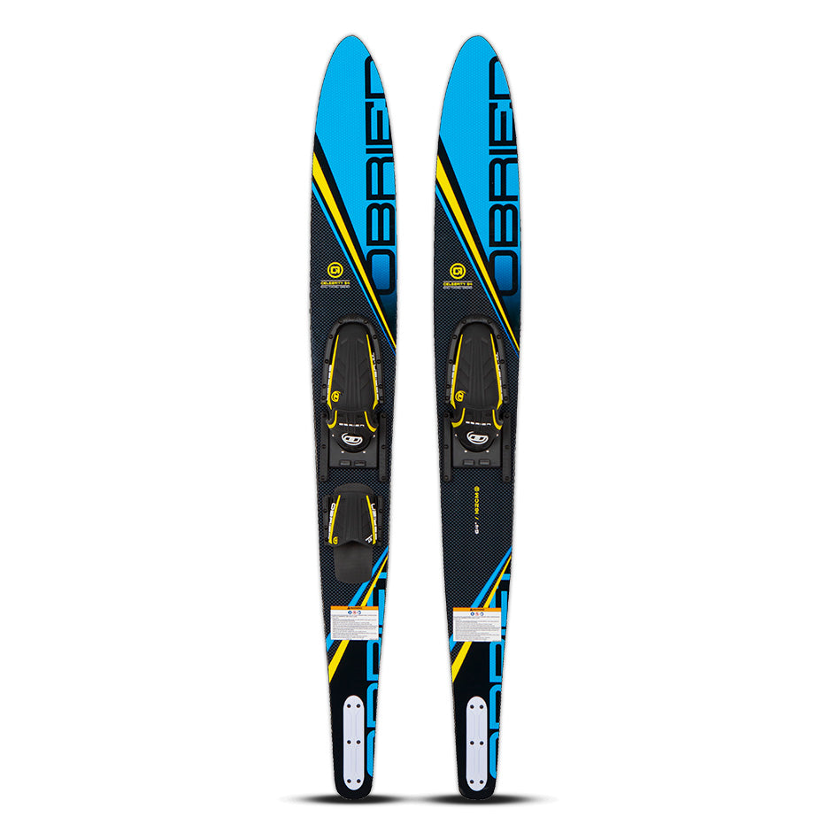 Top and base view of the O'Brien Celebrity 64" Combo Waterskis in blue with black, yellow, and white accents and bindings.