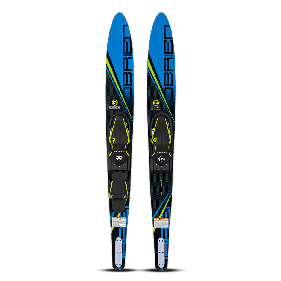 Celebrity 68 Combo Waterskis with a blue, black, and neon green design featuring the brand name in bold letters.