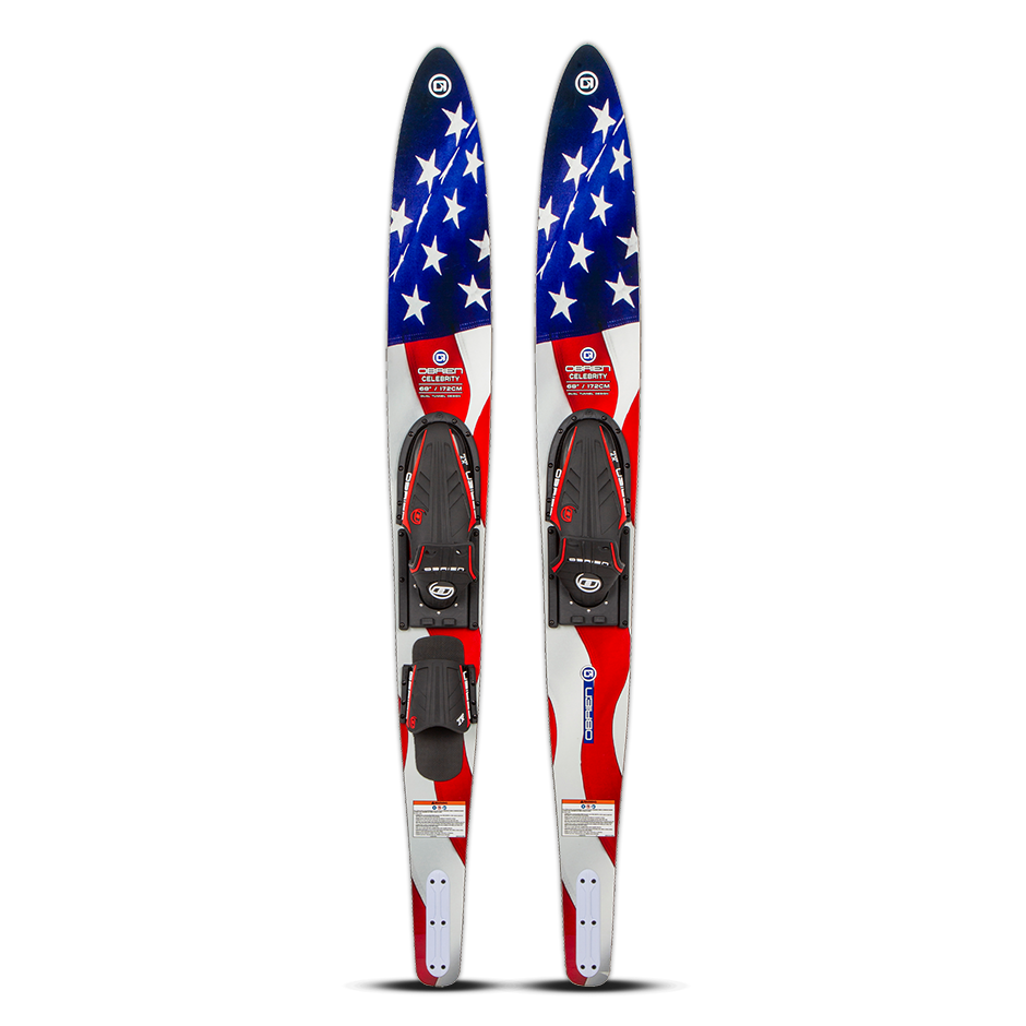 Top and base view of the O'Brien Celebrity 68" Combo Waterskis with a flag design in red, white, and blue with stars.