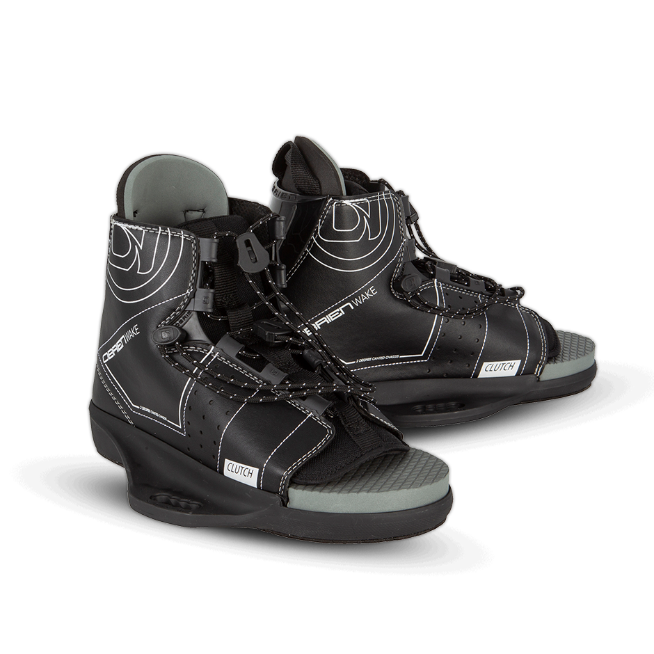 O'Brien Clutch Wakeboard Bindings in black with white stitching, lace-up closure, and an open-toe design with a cushioned footbed.
