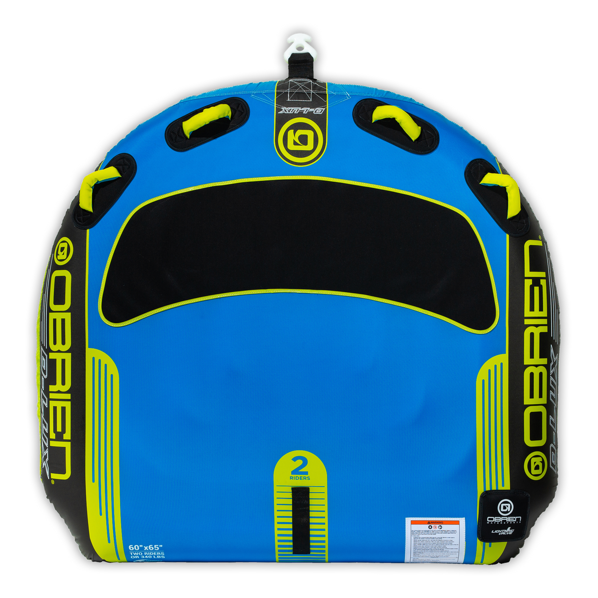 Top view of the O'Brien D-Lux 2 Towable Tube in blue and black, with a rounded shape, padded seating area, and grab handles.