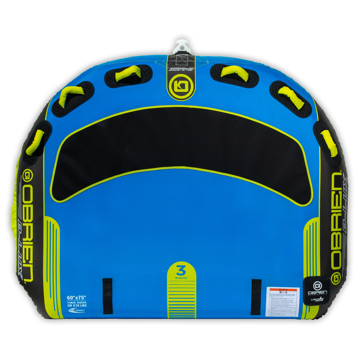 Top view of the blue and black O'Brien D-Lux 3, a three-rider towable tube with handles and a soft top.