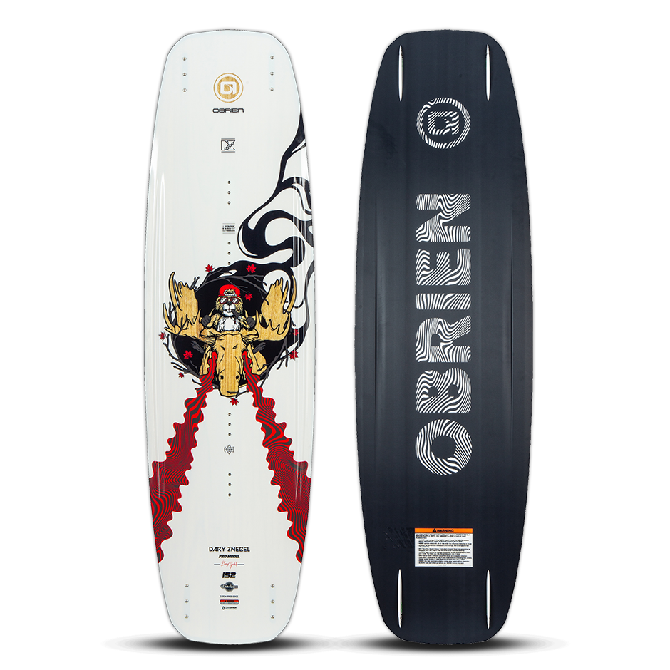 O'Brien DZ Wakeboard top and base view with white deck, cowboy graphic, and black base with bold branding.