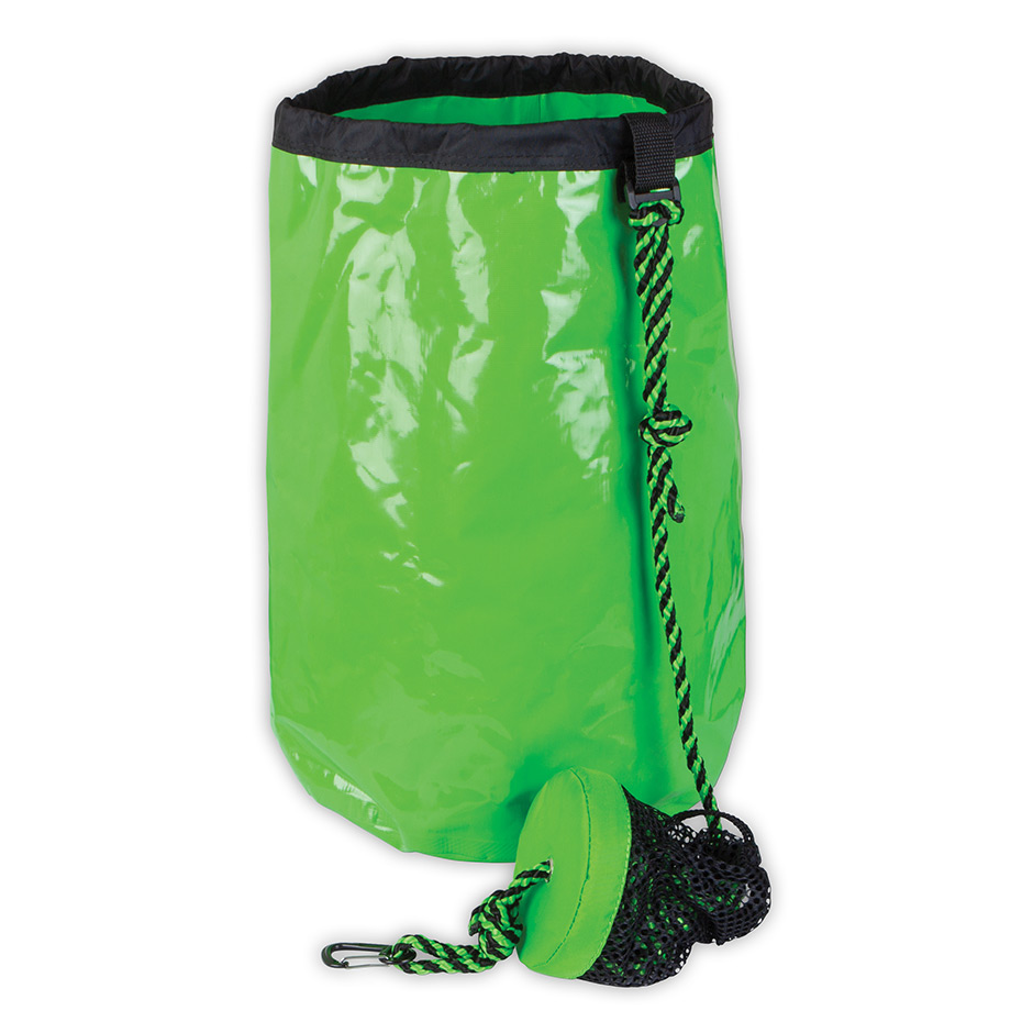 O'Brien Drift Anchor Bag, a green collapsible anchor bag with a black drawstring and attached rope for stability in water.
