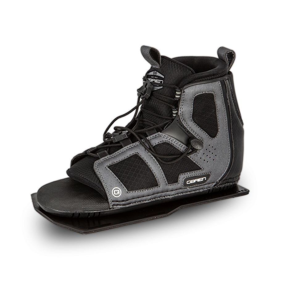 Angled view of the O'Brien Encore Waterski Binding in black and gray, with a high ankle cut and adjustable laces.