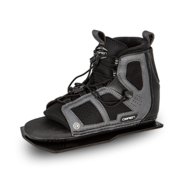 Angled view of the O'Brien Encore Waterski Binding in black and gray, with a high ankle cut and adjustable laces.