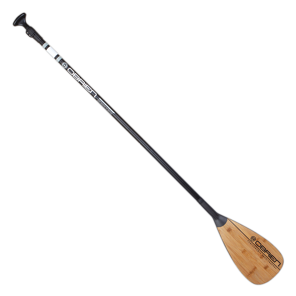 Angled view of the O'Brien Explorer Paddle (2022), highlighting its adjustable carbon shaft and bamboo blade.