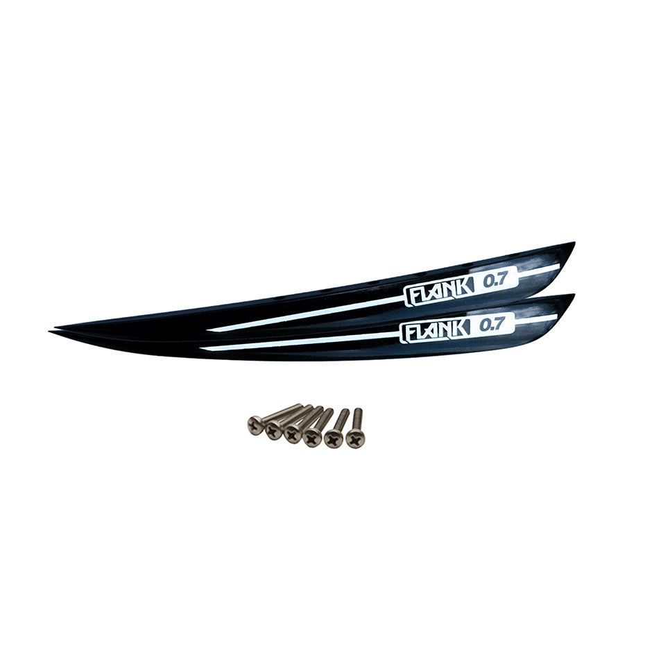 Two black O'Brien Flank 0.7 wakeboard fins with white accents, shown with six mounting screws.