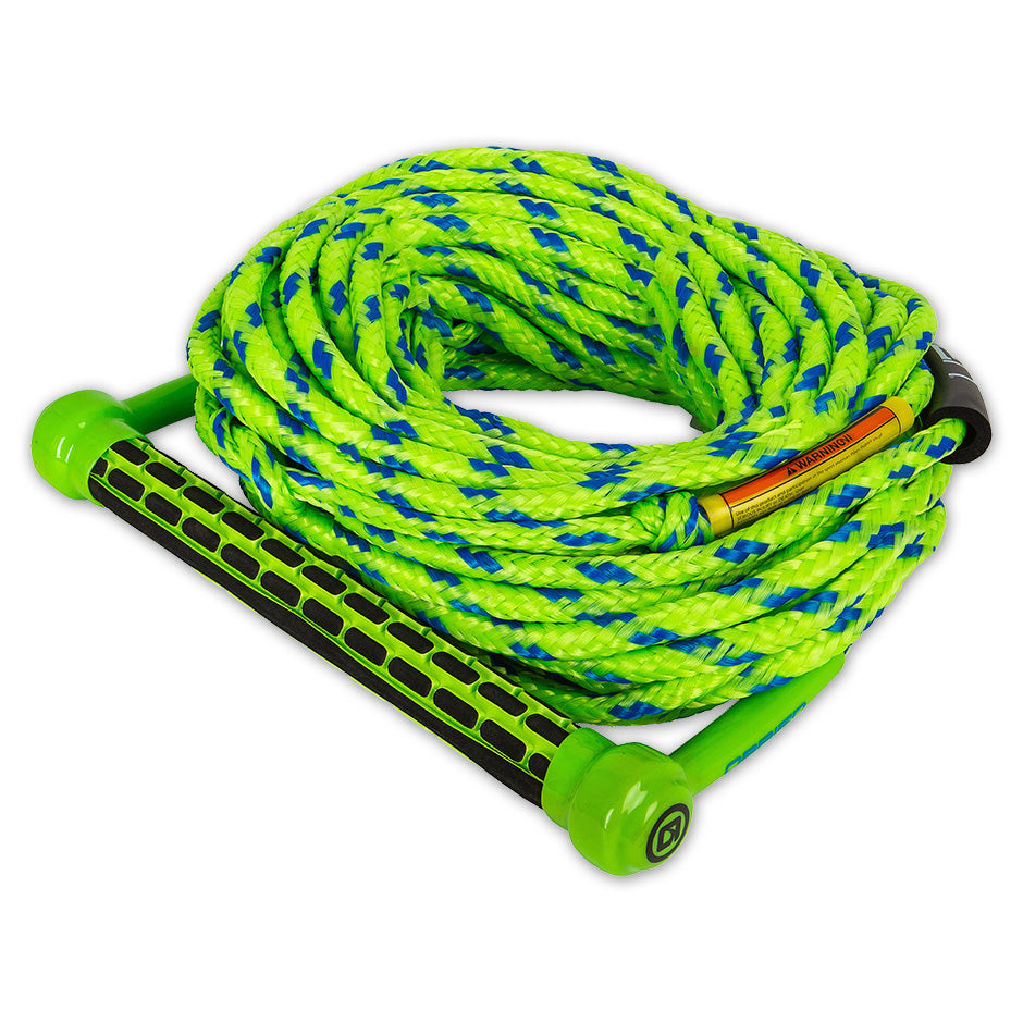 Angled view of the O'Brien Floating 1-Section Combo Rope and Handle, with a bright green and blue design and floating rope.