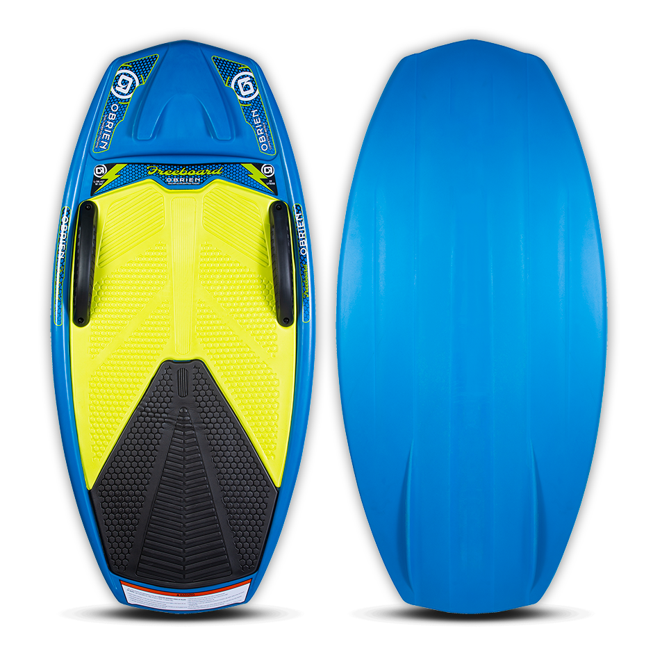 Top and base view of the O'Brien Freeboard V2 in blue and yellow, featuring traction pads and built-in handles for control.