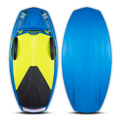 Top and base view of the O'Brien Freeboard V2 in blue and yellow, featuring traction pads and built-in handles for control.