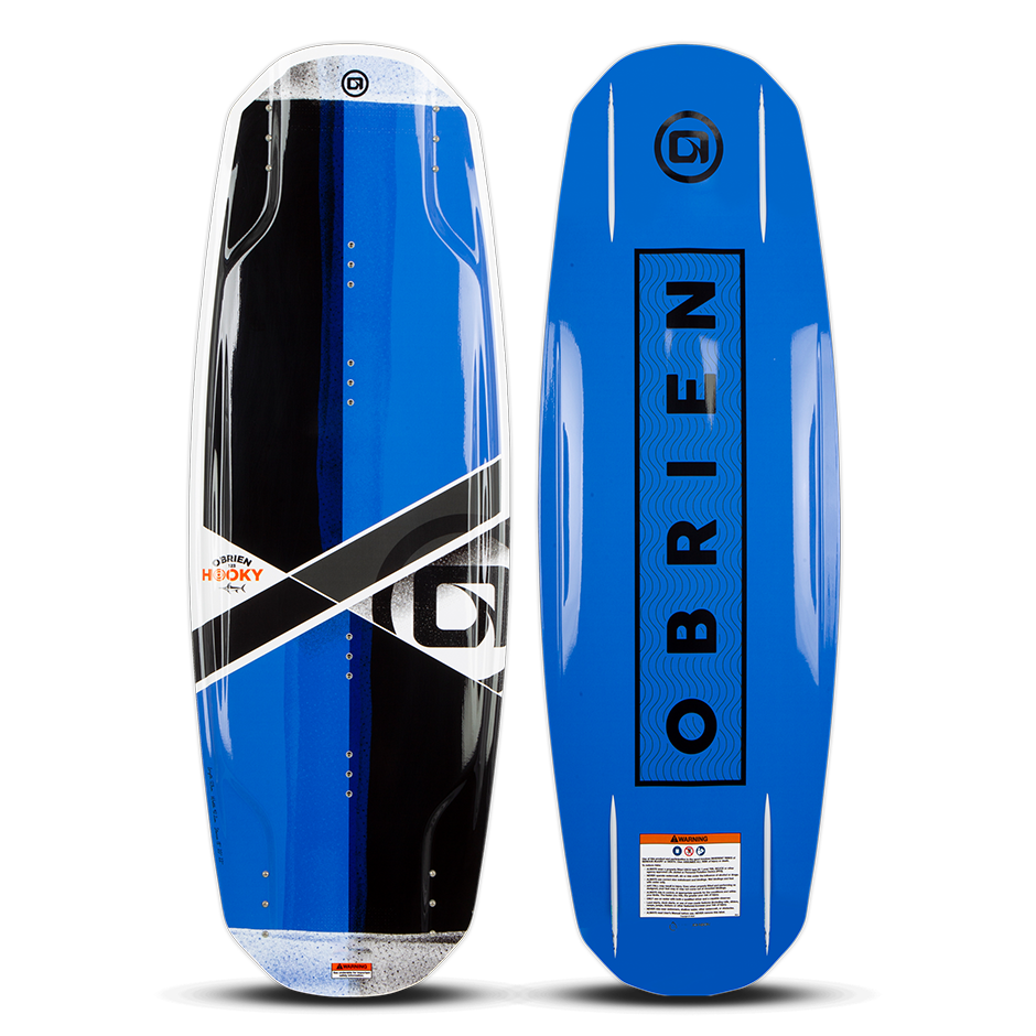 O'Brien Hooky Wakeboard top and base view with a blue and black deck, bold geometric graphics, and a sleek blue base.