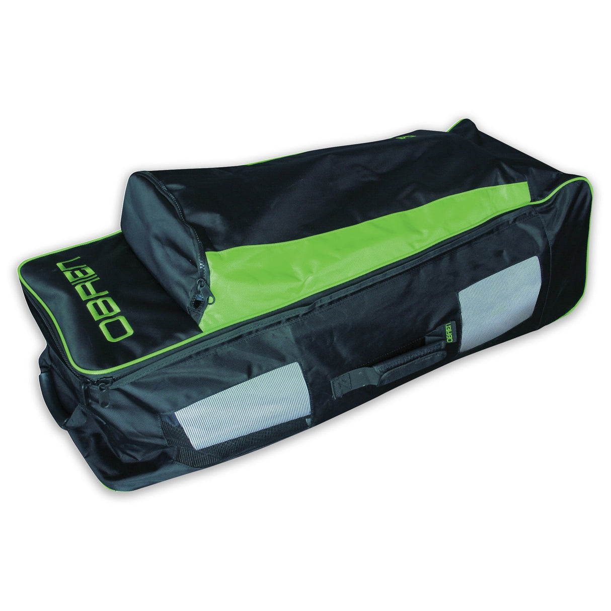 Angled view of the O'Brien iSup Roller Bag, a black and green travel bag with mesh pockets, handle, and zippers.