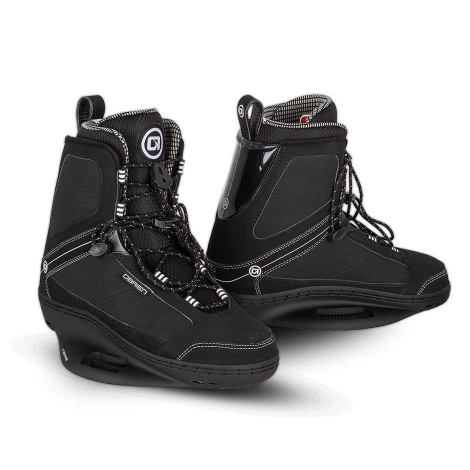 O'Brien Infuse Wakeboard Bindings in black with a lace-up closure, high ankle support, and reinforced stitching.