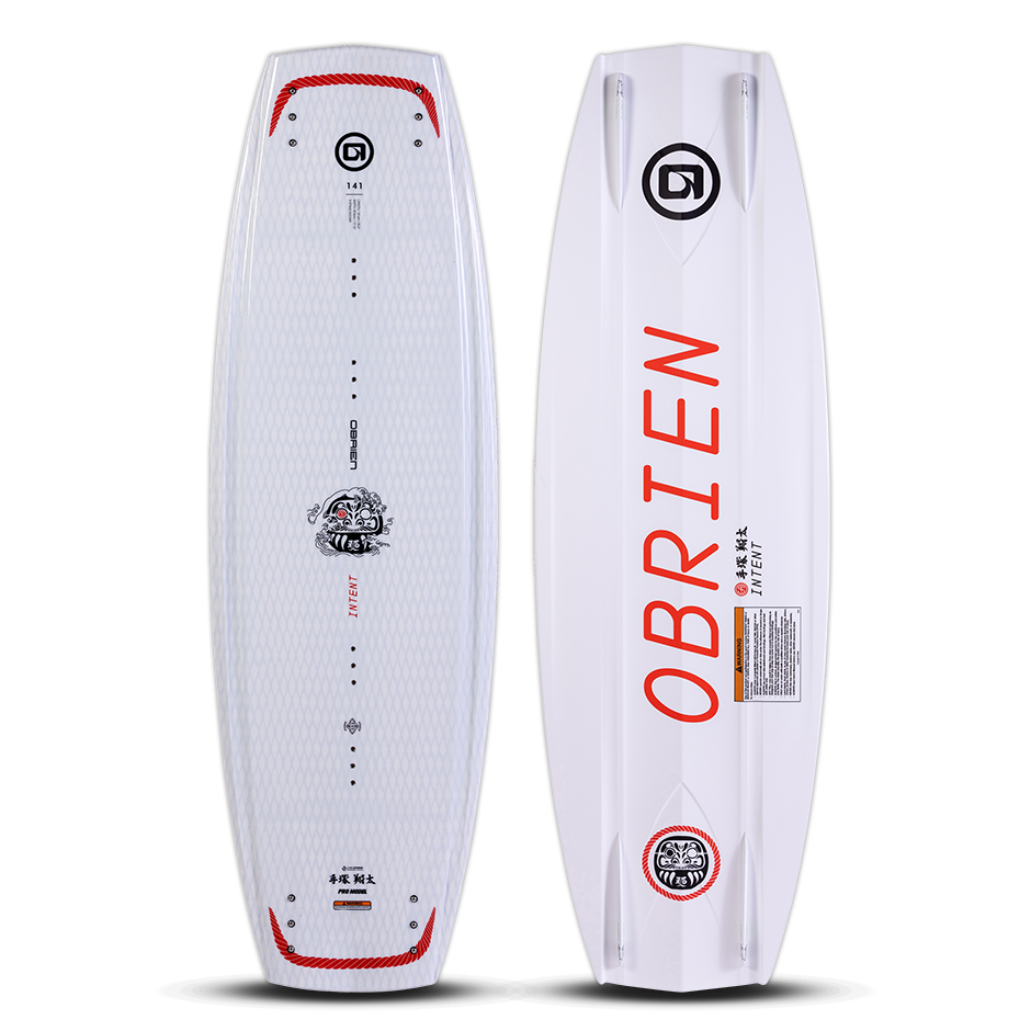 Top and base view of O'Brien Intent Wakeboard in white with red branding, textured deck, and aggressive base channels.