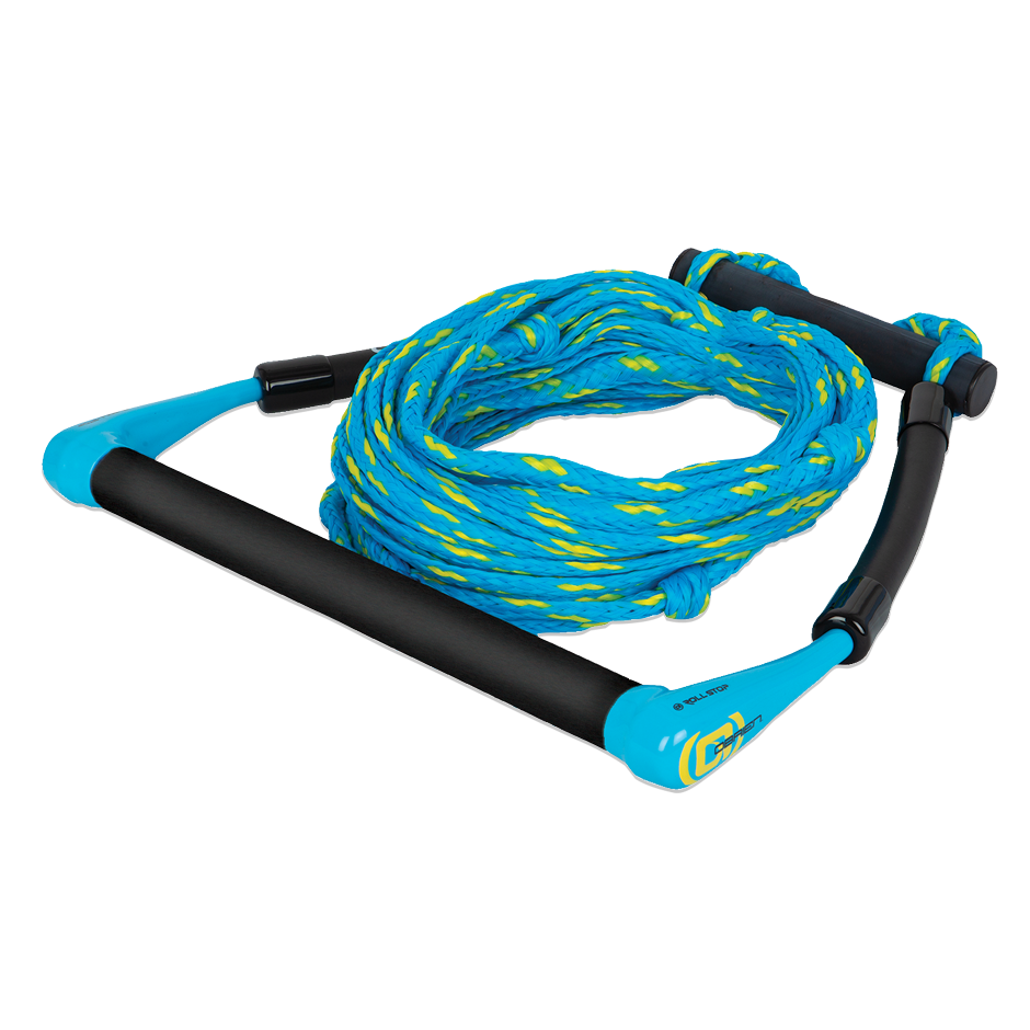 O'Brien Kneeboard Rope and Handle, a blue and black tow rope with a padded handle and coiled floating rope.