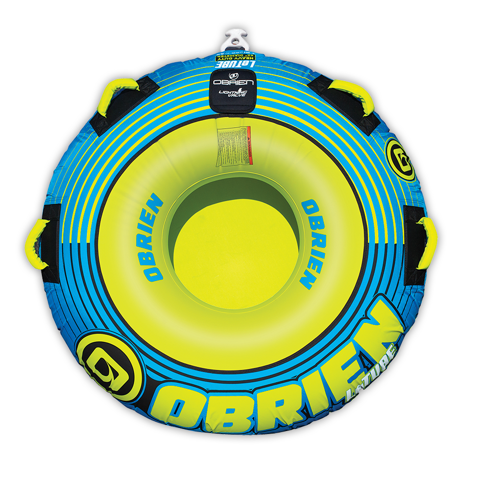 Top view of the O'Brien LeTube Towable Tube, a round blue and yellow inflatable with black handles and bold O'Brien branding.