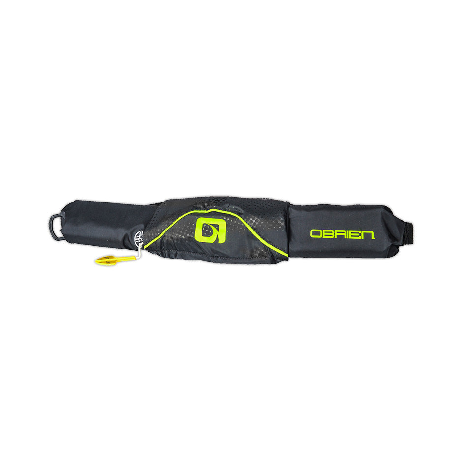 Compact black O'Brien M16 Inflatable Belt Pack with a yellow pull handle for quick inflation.