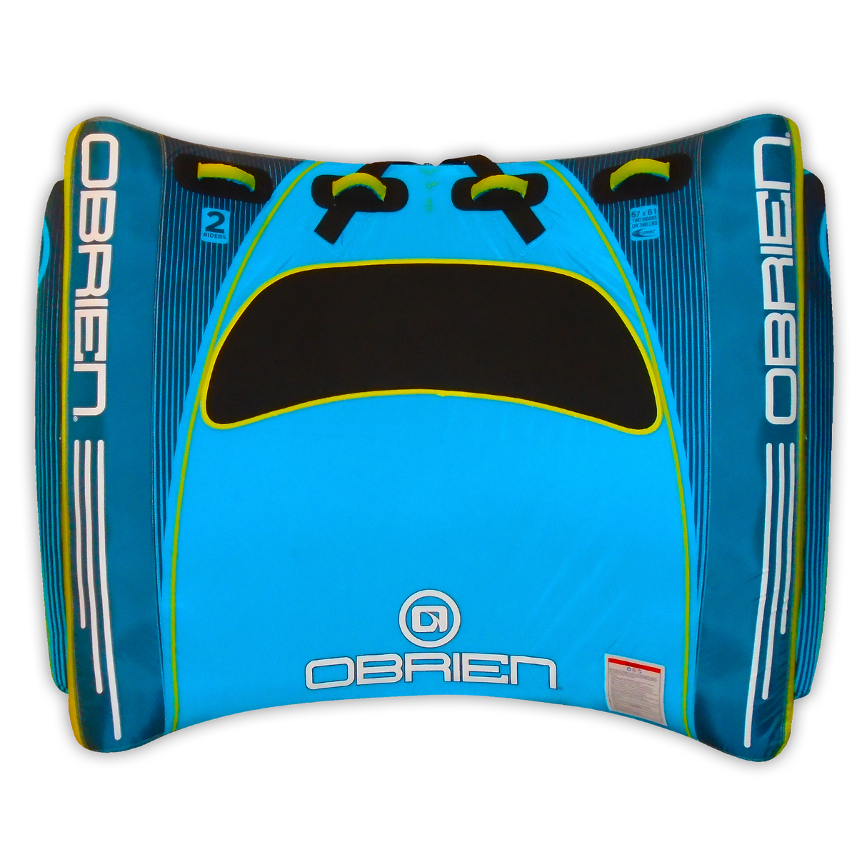 Top view of the O'Brien New-U 2 Towable Tube in blue and black, with a curved design, handles, and a two-rider capacity.