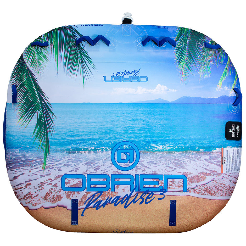 Top view of the O'Brien Paradise 3 Boat Tube, with a tropical beach design, grab handles, and three-rider capacity.