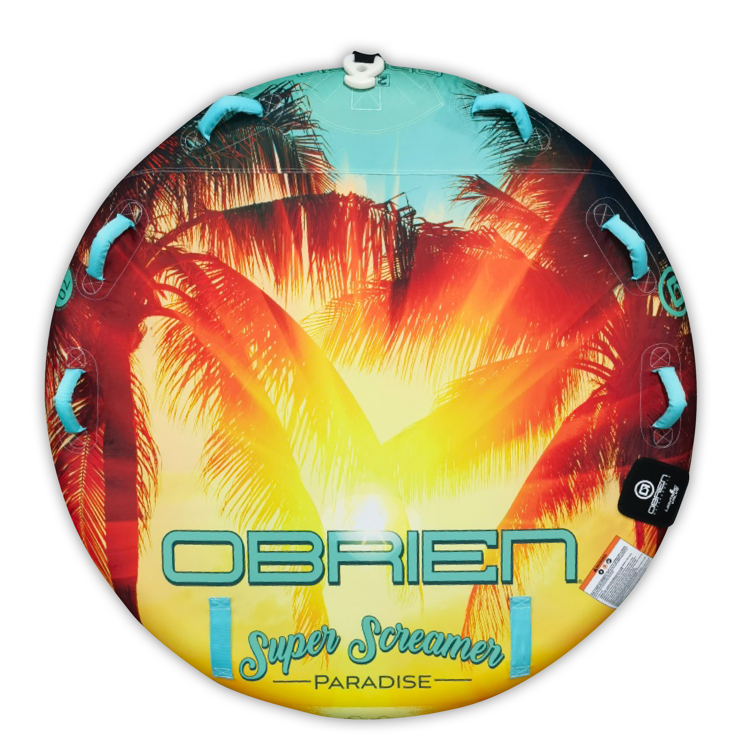 Top view of the O'Brien Paradise Super Screamer Towable Tube with a palm tree design and multiple handles.