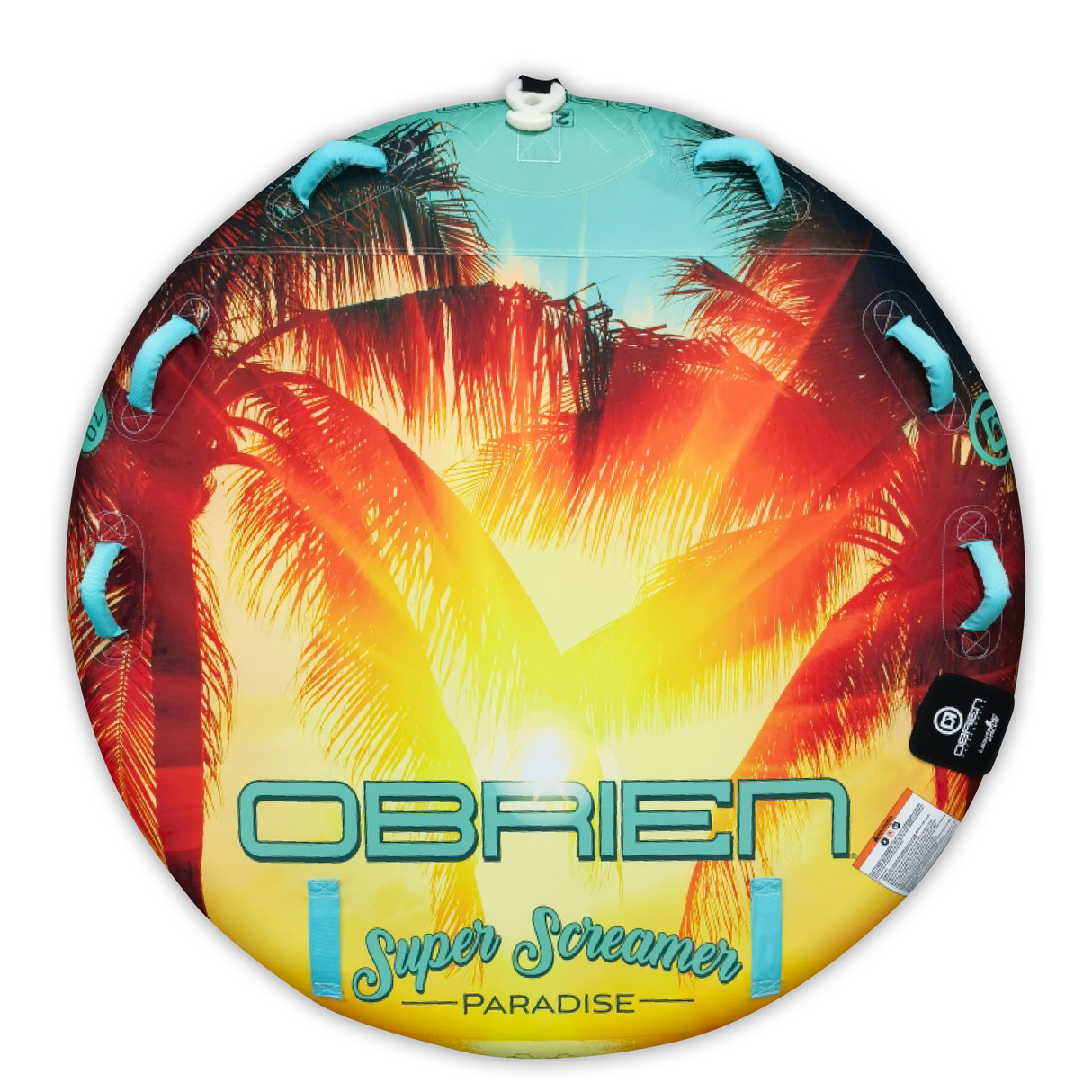 Top view of the O'Brien Paradise Super Screamer Towable Tube with a palm tree design and multiple handles.