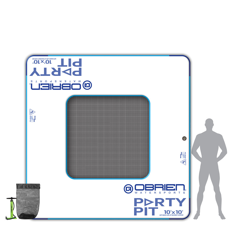 O'Brien Party Pit Inflatable Float, a large square white and blue floating platform with a mesh center and reinforced edges.
