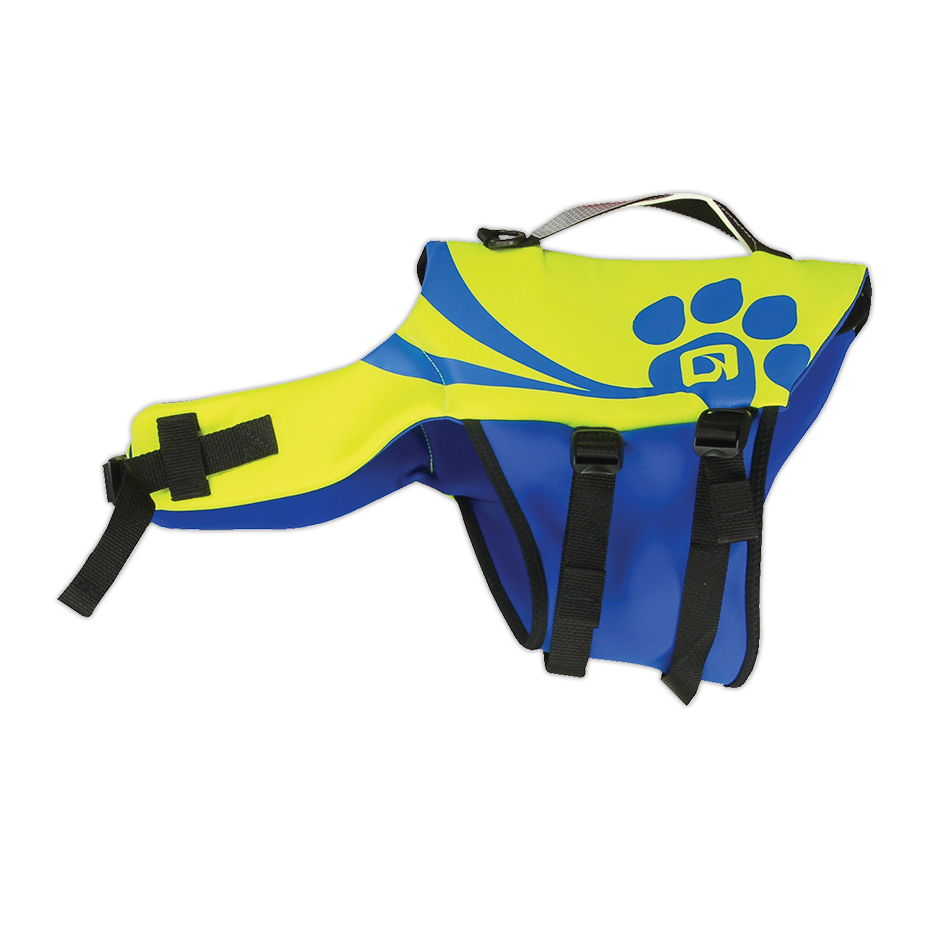 O'Brien Pet Vest in blue and yellow with black straps, a top handle, and a paw print design on the side.
