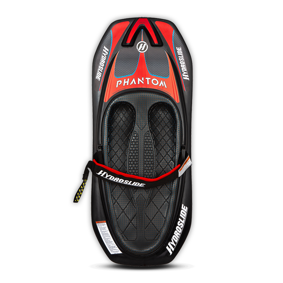 Top view of the Hydroslide Phantom Kneeboard in black and red, with a cushioned seat, molded footwells, and a padded strap.