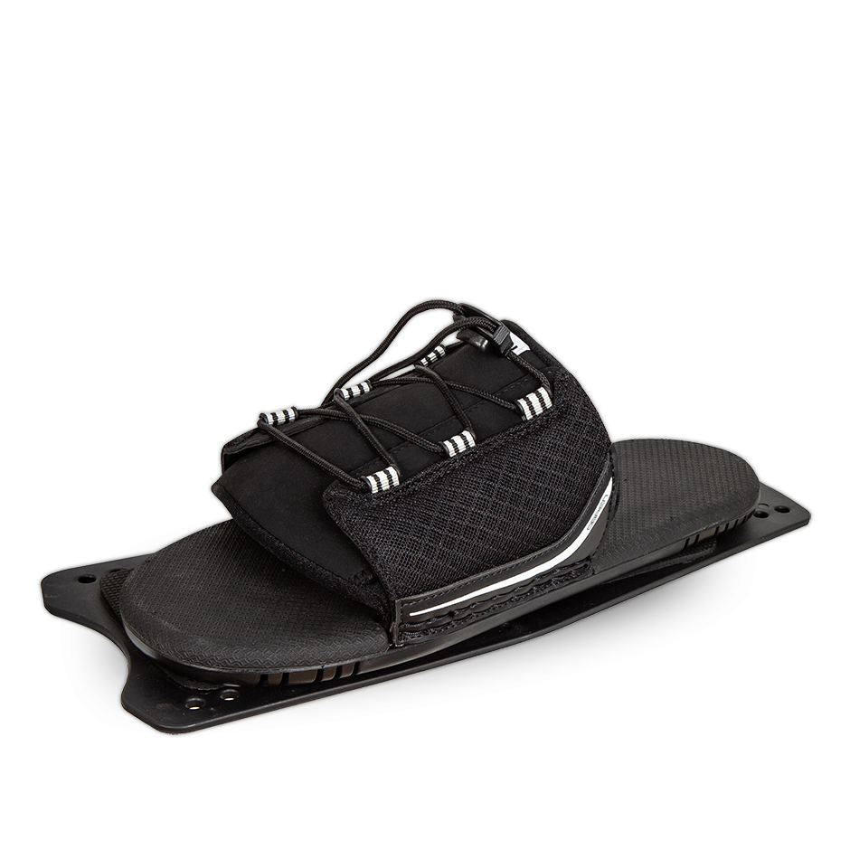Angled view of the O'Brien Plush RTP, a black rear toe plate with white accents and a cushioned footbed.