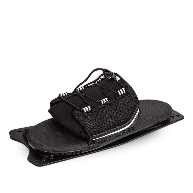Angled view of the O'Brien Plush RTP, a black rear toe plate with white accents and a cushioned footbed.