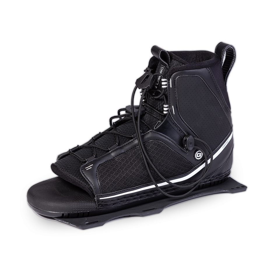 Angled view of the O'Brien Plush Waterski Binding in black, featuring a high-cut ankle with a white stripe and lace system.