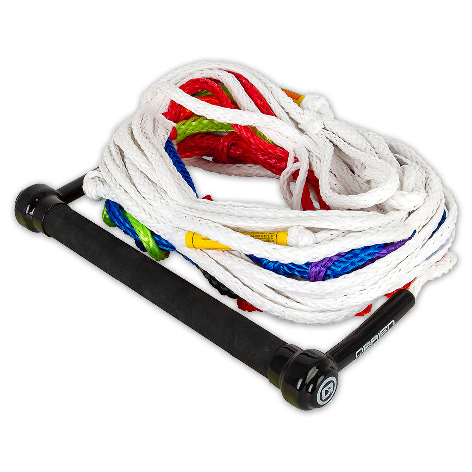 Angled view of the O'Brien Pro Ski Handle with 10-Section Mainline, with a black grip handle and white multi-section rope.
