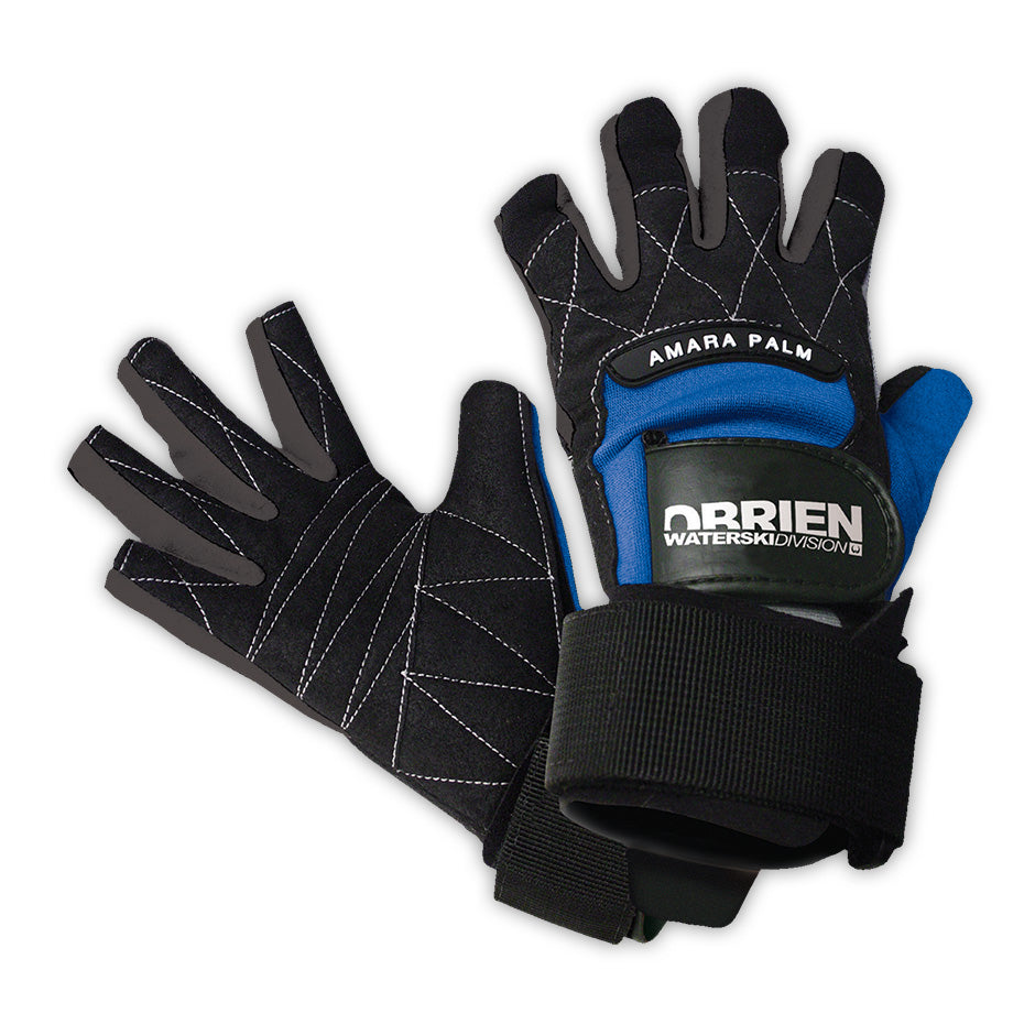 A pair of O'Brien Pro Skin 3/4 Waterski Gloves in black with blue accents, featuring an open-finger design and wrist straps.