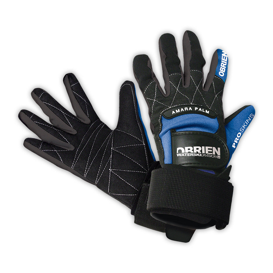 A pair of O'Brien Pro Skin Waterski Gloves in black with blue accents, reinforced stitching, and Amara palm padding.