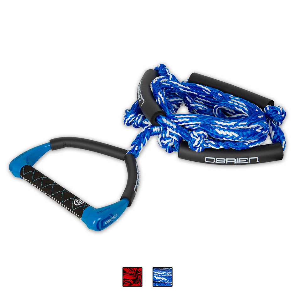 O'Brien Pro Surf Rope in blue and white, featuring a padded handle, coiled braided rope, and black foam floats for grip.