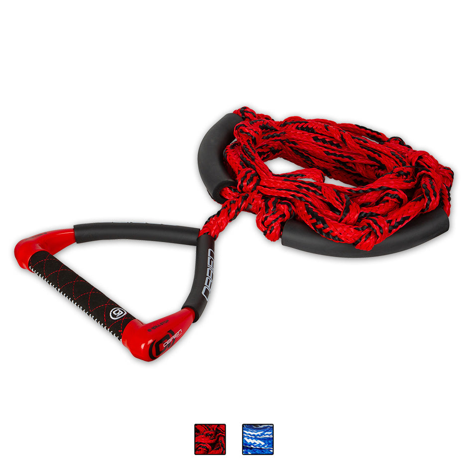 O'Brien Pro Surf Rope in red and black, with a textured handle, coiled rope, and black foam floats for added control.