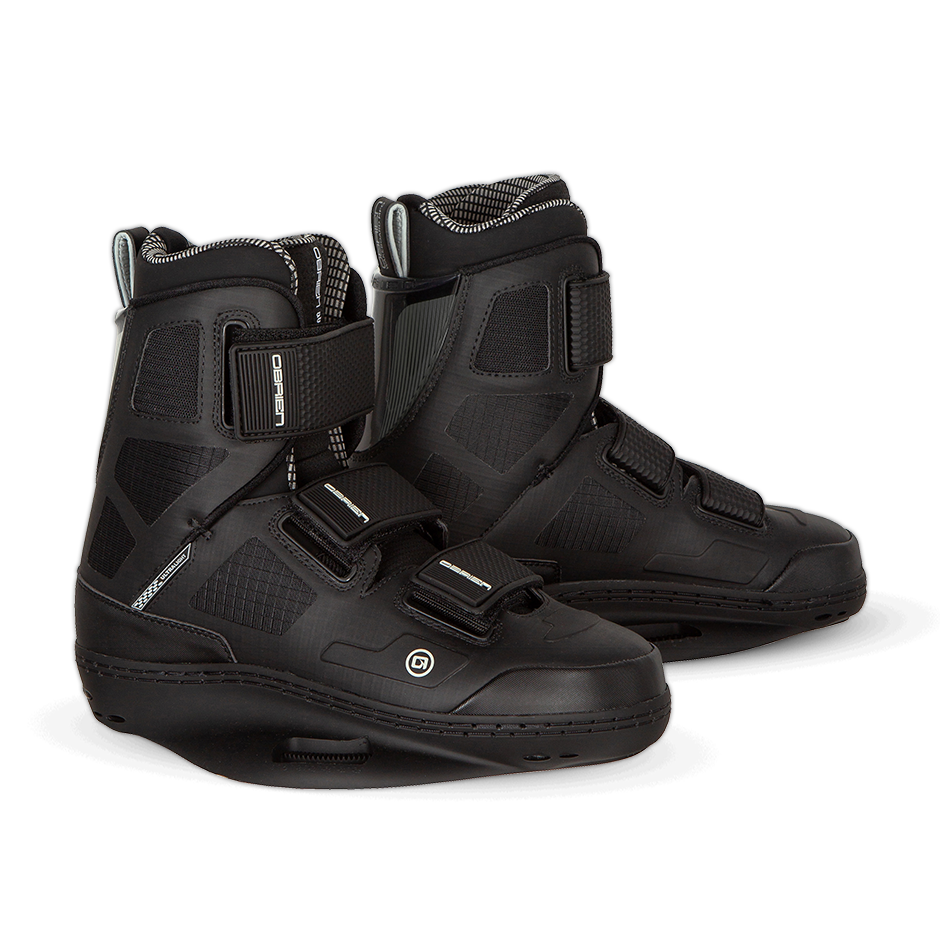 O'Brien Quattro Wakeboard Bindings in black with three adjustable straps, a high ankle cuff, and a sturdy baseplate.