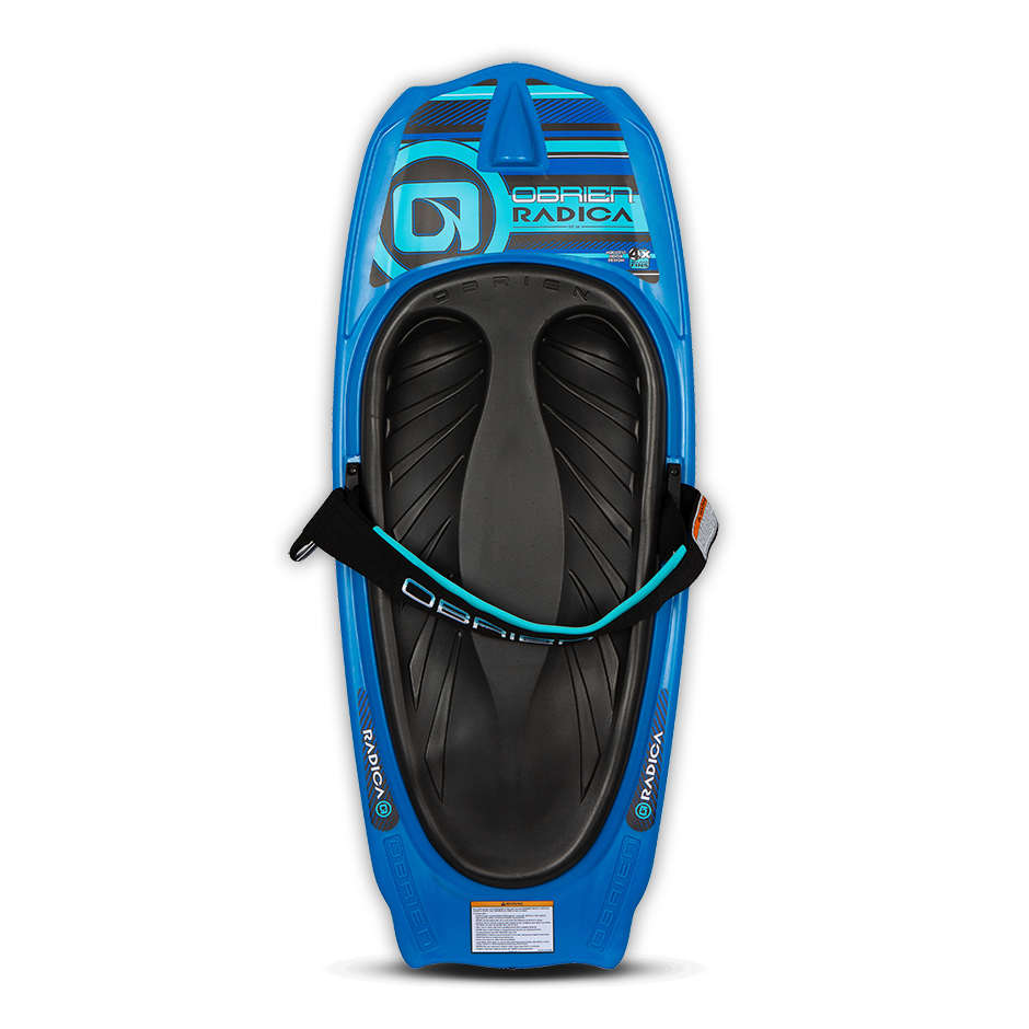 Top view of the O'Brien Radica Kneeboard in blue and black, featuring a molded seat, padded strap, and integrated fins.