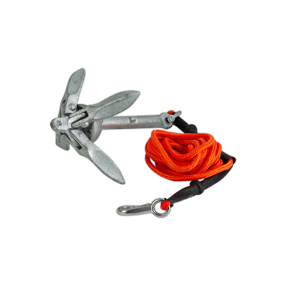 Foldable silver O'Brien SUP Anchor with an orange rope and metal clip for securing paddleboards.