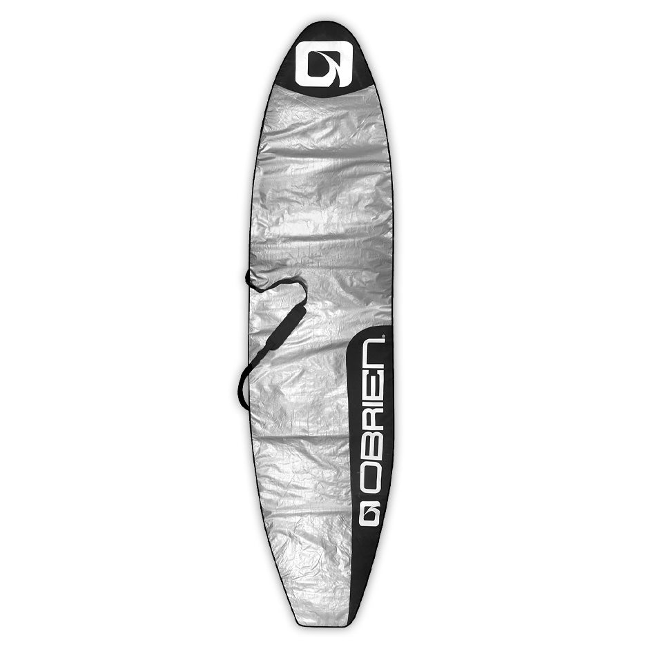 Silver and black O'Brien SUP Board Bag with padded carrying handle for board protection and easy transport.