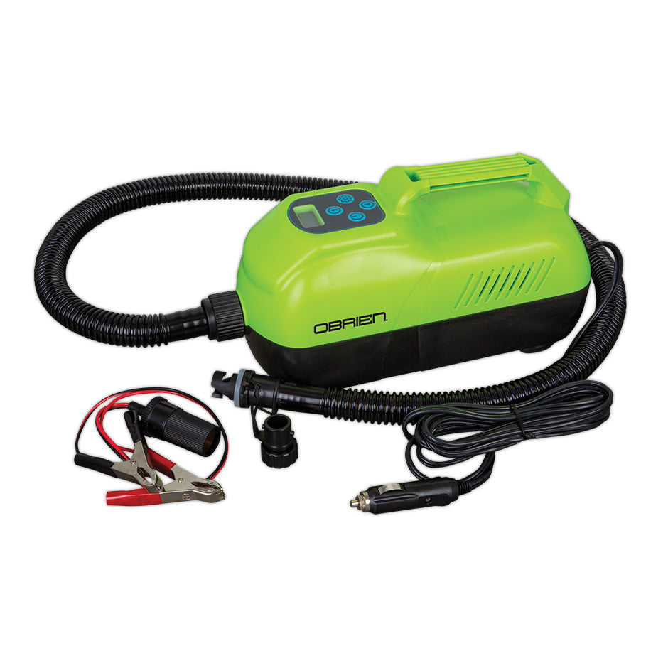 Green and black O'Brien SUP Electric Pump with digital controls, hose, and power adapters.