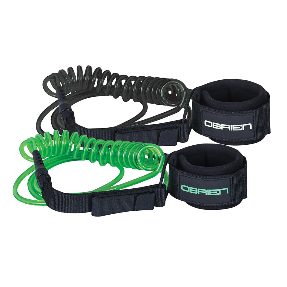 Coiled black and green O'Brien SUP leash with adjustable ankle straps for a secure fit.